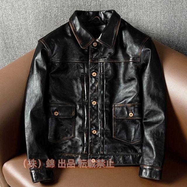 黒芯カウハイド 50's ダブルライダース レザージャケット ブラック Lサイズ(38) Dポケット タンニンなめし ピグメント J-24タイプ 牛革 1.3mm 黒芯カウハイド 50年代 ダブルライダース レザージャケット D