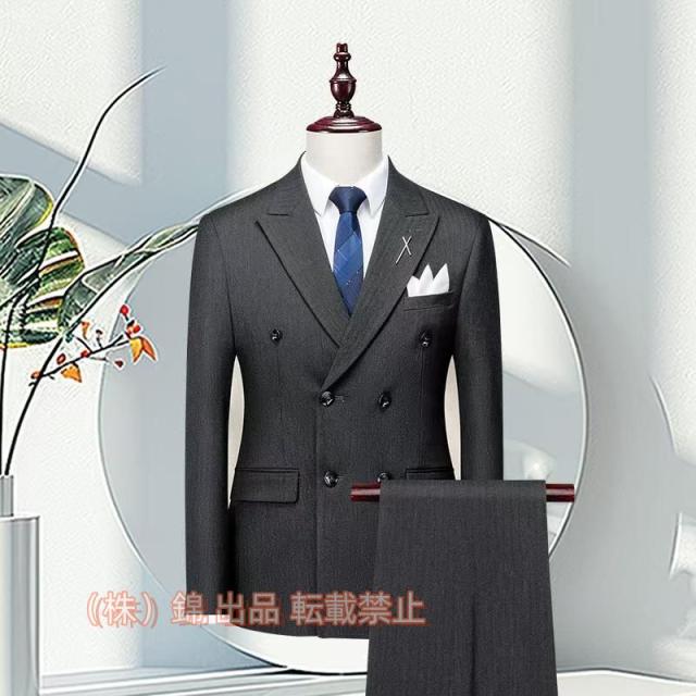 メンズ ダブル スーツ スリム 細身 スリーシーズン対応 モードスタイル 6ツボタンスタイリッシュ 株式会社錦メンズスーツ ビジネススーツ