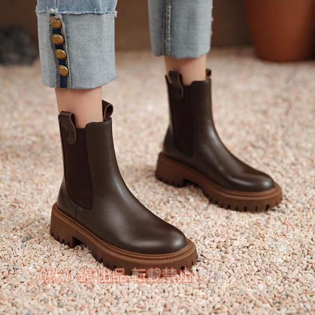 本革サイドゴアブーツサイドゴアショートブーツ 厚底 レディースレインブーツ靴ミドル丈チェルシーブーツベルト飾り ストレッチブーツ 歩きやすいローヒール