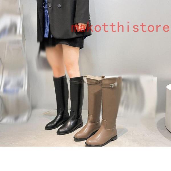 ロングブーツレディースジョッキー本革調高筒靴ロングバレルベルト飾り