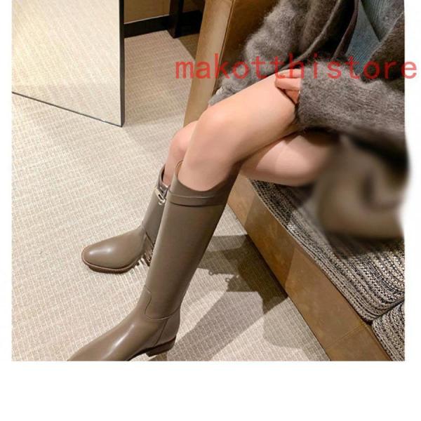 ロングブーツレディースジョッキー本革調高筒靴ロングバレルベルト飾りローヒール秋冬ベルトバックル大きめラウンドトゥ株式会社錦太めヒール防滑脚長効果 ロングブーツレディースジョッキー本革調高筒靴ロングバレルベルト飾り