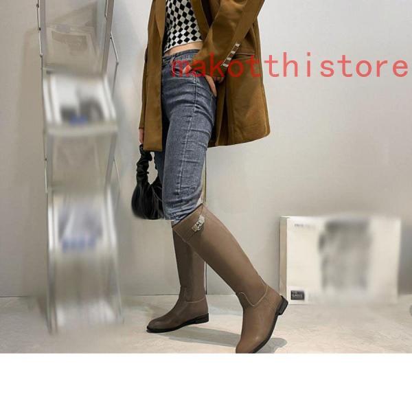 ロングブーツレディースジョッキー本革調高筒靴ロングバレルベルト飾り