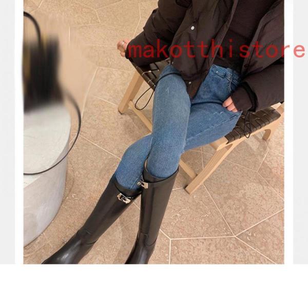 ロングブーツレディースジョッキー本革調高筒靴ロングバレルベルト飾りローヒール秋冬ベルトバックル大きめラウンドトゥ株式会社錦太めヒール防滑脚長効果 ロングブーツレディースジョッキー本革調高筒靴ロングバレルベルト飾り