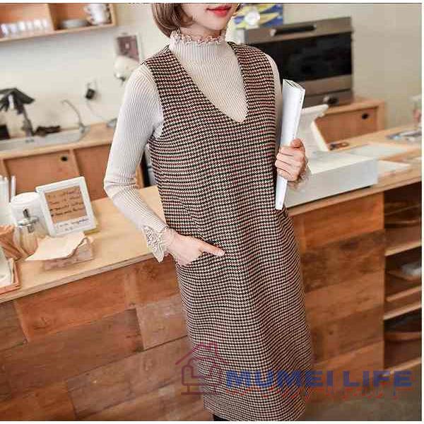 チェックジャンバースカート 千鳥格子 V襟 可愛い ひざ下丈 上品