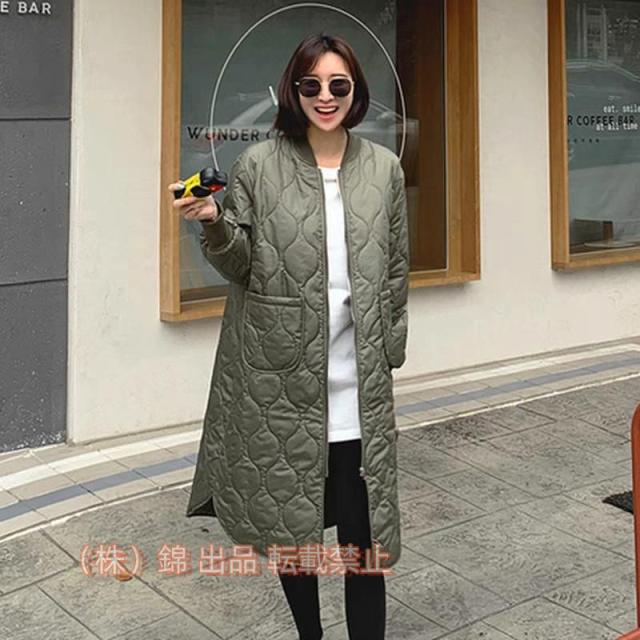 ロングコート　中綿コート　ひざ下丈　ダウンコート　カーキ　ブラック　防寒　ノーカラー　株式会社錦　ほっそり効果大 20代30代40代50代　ミセス