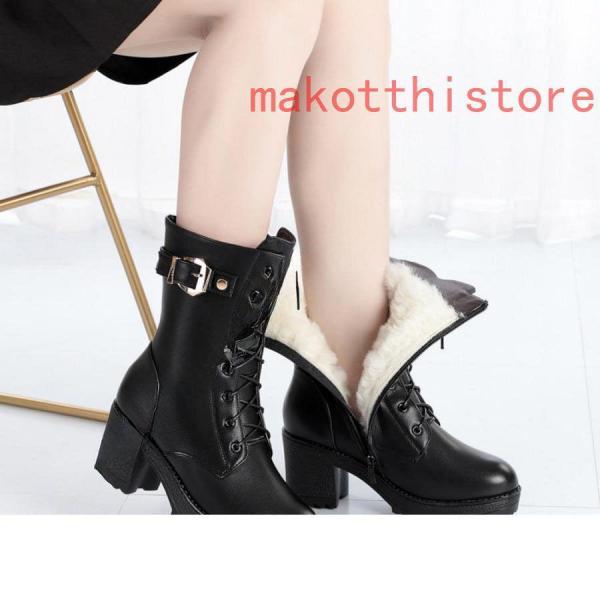 7cm レディース ショートブーツ 厚底 黒 太ヒール レースアップ サイド