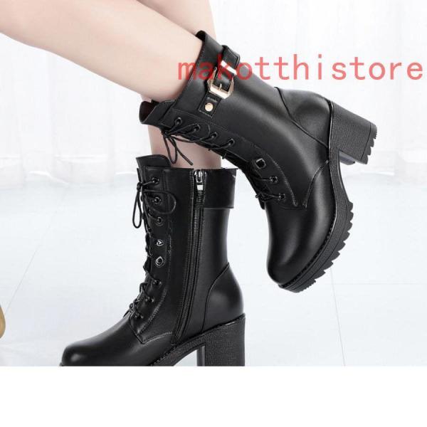 7cm レディース ショートブーツ 厚底 黒 太ヒール レースアップ サイド