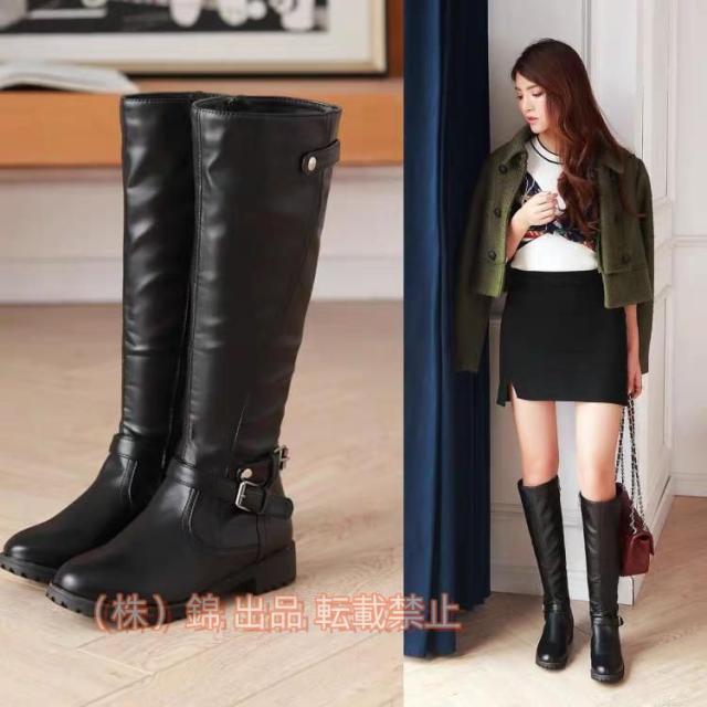 防滑ストレッチロングブーツストレッチロングブーツジョッキーブーツレザー調ブーツスムースブラック黒レディース靴株式会社錦歩きやすい痛くないブーツ