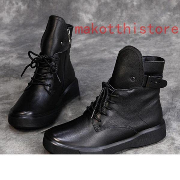 レディース レースアップブーツ 本革 フラット サイドジップ ショート