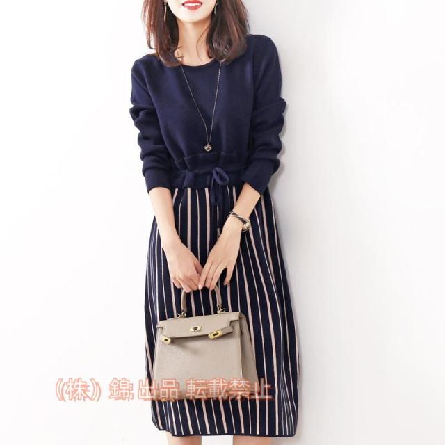 ドッキングワンピース 20代 30代 40代 50代 通勤 オフィス ひざ丈 ワンピース レディース ファッション 株式会社錦 きれいめ 上品 女性 秋 冬 春 ドッキング 4色