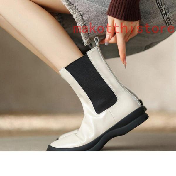 レディース ショートブーツ 本革 サイドゴアブーツ 牛革 ローヒール チェルシーブーツ 錦 厚底 身長アップ アンクルブーツ プラットフォーム レザー 4.5cm