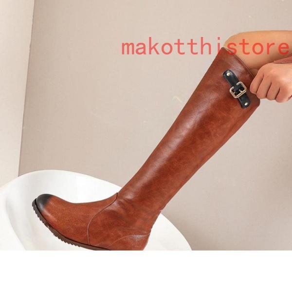 ロングブーツジョッキーブーツストレートサイドベルト低ヒール