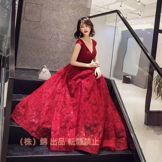 カラードレス演奏会安いロングドレスコンサート株式会社錦披露宴パーティードレス発表会フォマールドレス二次会AラインドレスVネック結婚式ステージ衣装