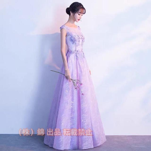 ドレスピアノ発表会ドレス大人パーティードレスお呼ばれ他と被らないロングドレス母親結婚式演奏会紫色大きいサイズ袖なし株式会社錦ノースリーブパープル