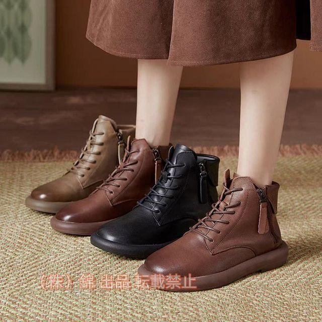 本革レースアップブーツ大きいサイズブーツ牛革レディース袴ブーツショートブーツ裏起毛編み上げブーツ疲れない株式会社錦フラットサイドジップ紐靴厚底