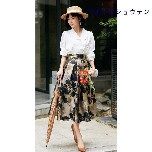 スカート フレアスカート 膝丈 タック ふんわり 花柄 総柄 張り感