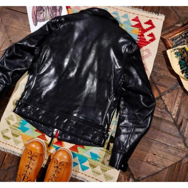 超人気☆1.5mm 茶芯ホースハイド 30'sスタイル シングルライダース レザージャケット ブラック 株式会社錦 トスカーナ植物鞣し革 馬革