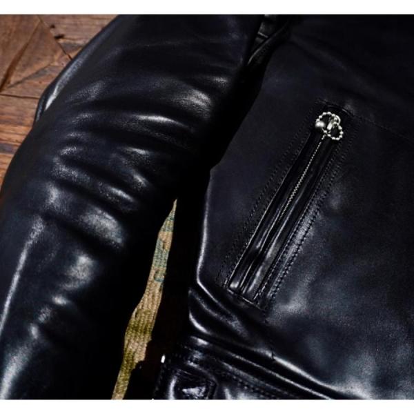 超人気☆1.5mm 茶芯ホースハイド 30'sスタイル シングルライダース レザージャケット ブラック 株式会社錦 トスカーナ植物鞣し革 馬革