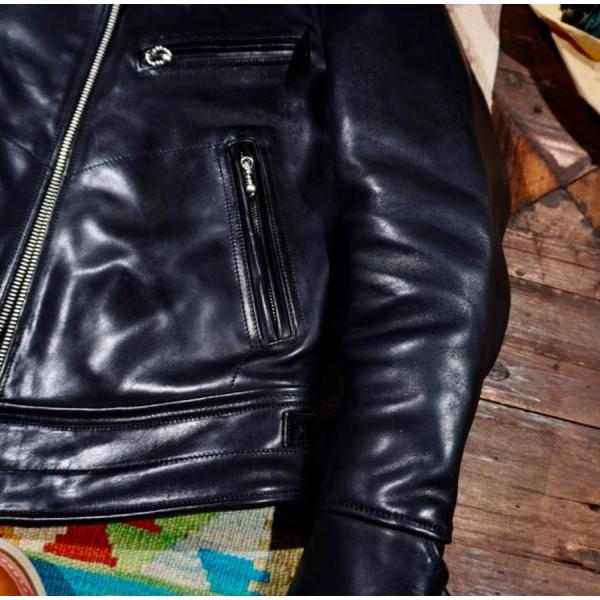 超人気☆1.5mm 茶芯ホースハイド 30'sスタイル シングルライダース レザージャケット ブラック 株式会社錦 トスカーナ植物鞣し革 馬革