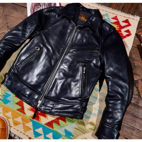 超人気☆1.5mm 茶芯ホースハイド 30'sスタイル シングルライダース レザージャケット ブラック 株式会社錦 トスカーナ植物鞣し革 馬革