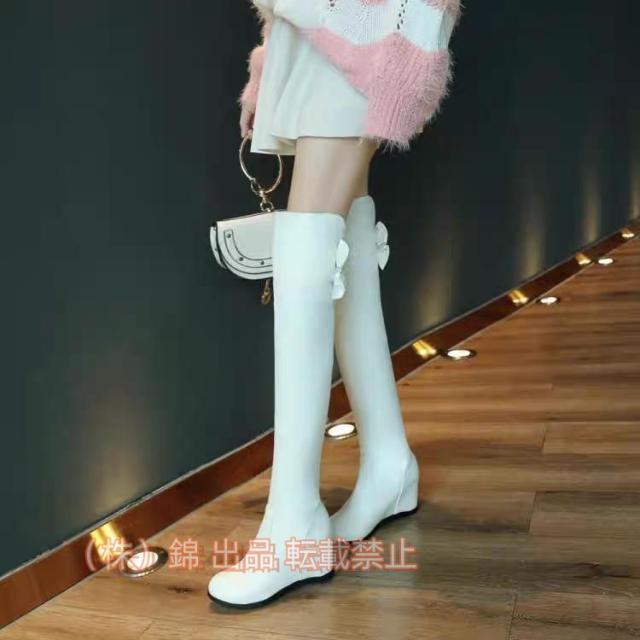 ニーハイブーツレディースハイヒールエンジニアブーツ蝶結びロングブーツシンプルウェッジソールインヒール株式会社錦ストレッチブーツお洒落エレガント