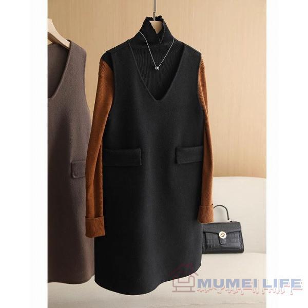 V襟ジャンバースカート 暖か 防寒 ひざ丈 ダブルポケット ジャンパー