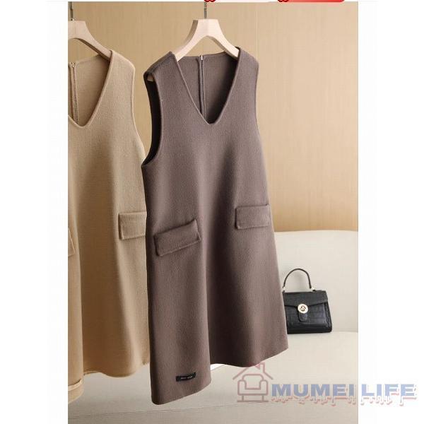 V襟ジャンバースカート 暖か 防寒 ひざ丈 ダブルポケット ジャンパー