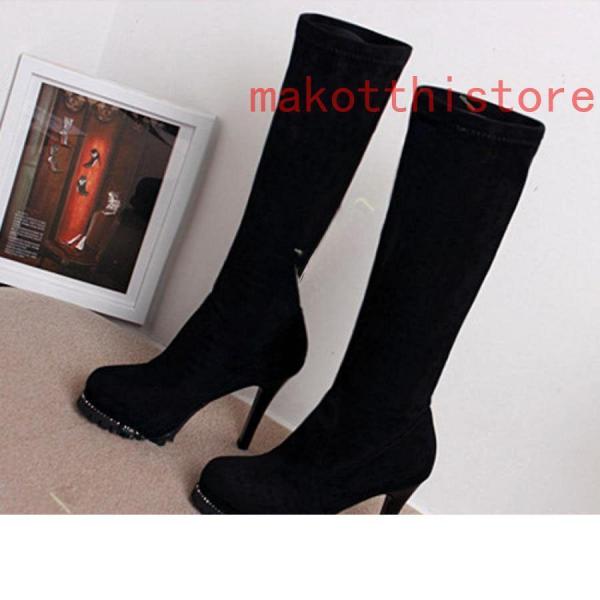 ロングブーツレディースストレッチジョッキーブーツシルエット黒美脚ラウンドトゥ錦春秋冬11センチハイヒールピンヒールスエードピンヒール通勤 ロングブーツレディースストレッチジョッキーブーツシルエット黒美脚