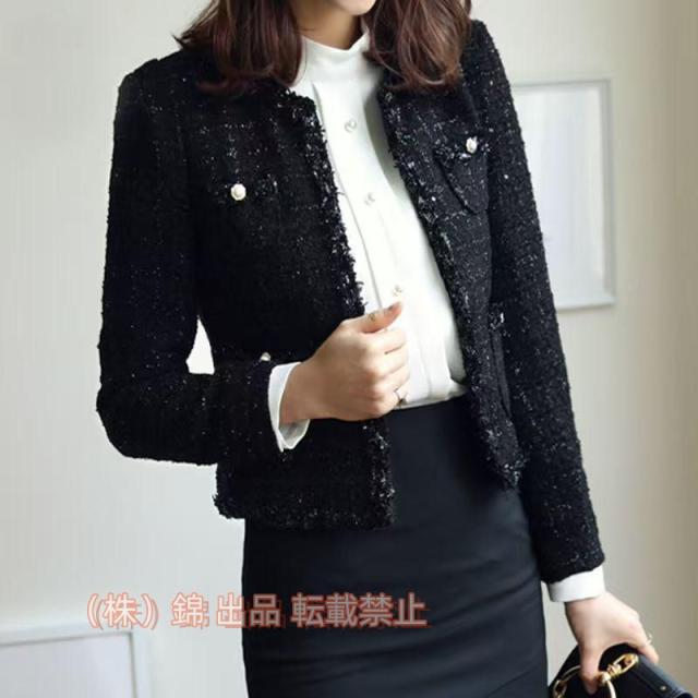 ノーカラージャケット　ツイード　ブラック　長袖　セレモニー　入学式　株式会社錦パーティー　 S M L XL