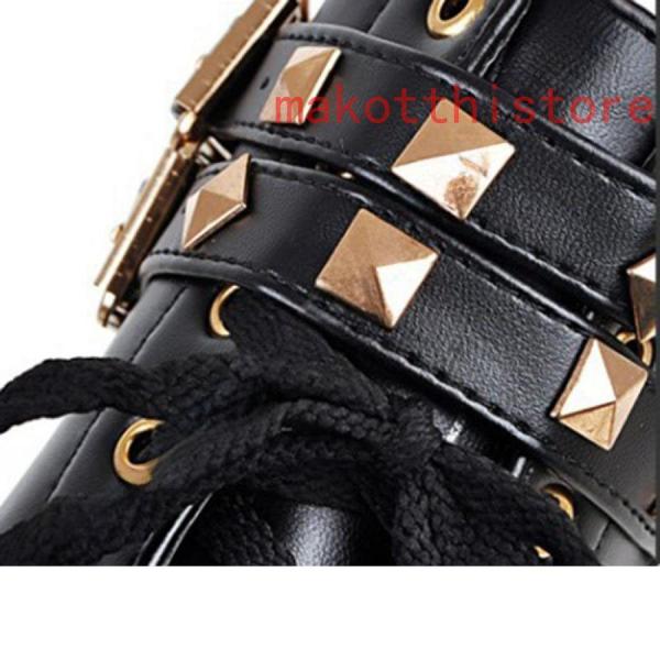 ショートブーツレディースコスプレシューズ黒白ダブルベルトショート丈