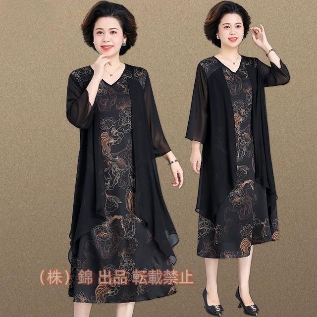 ワンピースドレス50代60代パーティードレス結婚式お呼ばれドレス50代大きいサイズ3L袖あり七分袖株式会社錦重ね着風ミモレワンピースロング丈シアーVネック