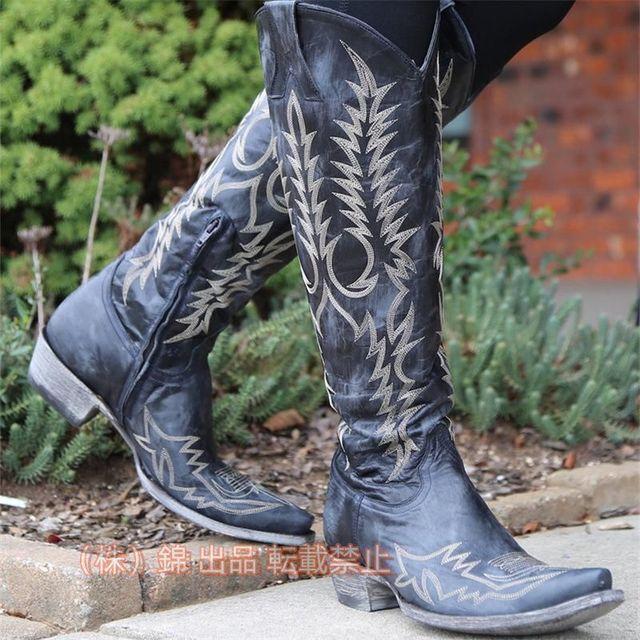 ウエスタンブーツレディースロングブーツ太ヒールウエスタンカジュアル大人ロングブーツ錦低ヒールローヒールウェスタンウェスタンブーツ女性美脚
