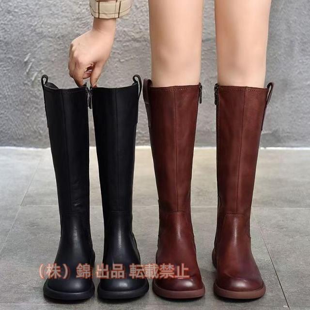 レディースジョッキーブーツローヒールブーツ歩きやすいロングブーツ大きいサイズサイドジッパー株式会社錦履き口ゆったり太めヒールカジュアルシューズ