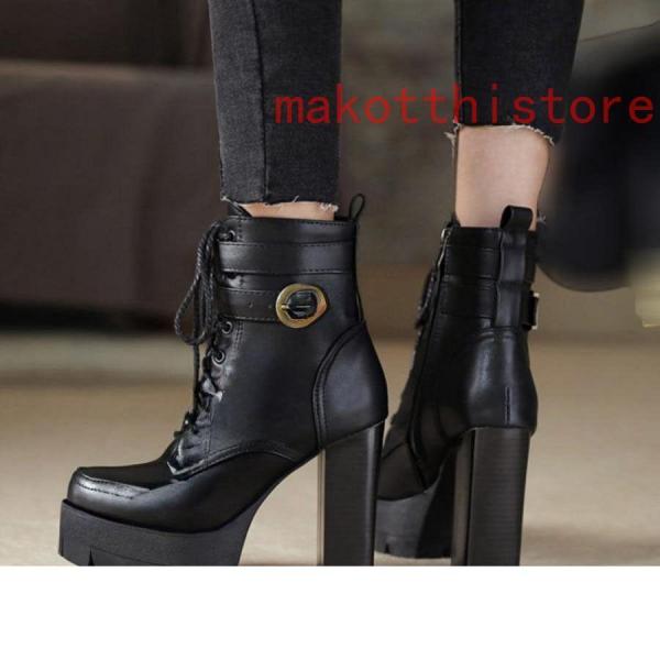 11.5cm レディース ショートブーツ 厚底 太ヒール サンダル レースアップ 編み上げ 黒 ブラック コスプレブーツ 錦ライブ ゴスロリ パンク ロックファッション