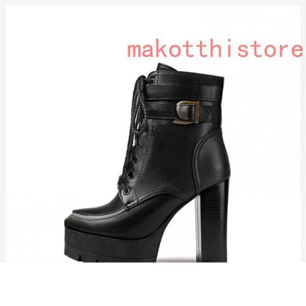 11.5cm レディース ショートブーツ 厚底 太ヒール サンダル レースアップ 編み上げ 黒 ブラック コスプレブーツ 錦ライブ ゴスロリ パンク ロックファッション