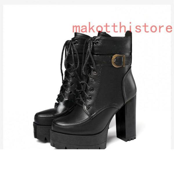 11.5cm レディース ショートブーツ 厚底 太ヒール サンダル レースアップ 編み上げ 黒 ブラック コスプレブーツ 錦ライブ ゴスロリ パンク ロックファッション