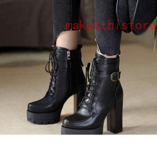 11.5cm レディース ショートブーツ 厚底 太ヒール サンダル レースアップ 編み上げ 黒 ブラック コスプレブーツ 錦ライブ ゴスロリ パンク ロックファッション