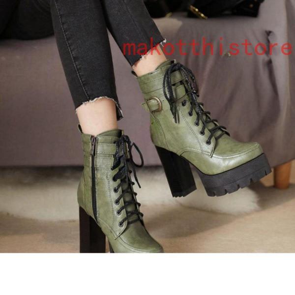 11.5cm レディース ショートブーツ 厚底 太ヒール サンダル レースアップ 編み上げ 黒 ブラック コスプレブーツ 錦ライブ ゴスロリ パンク ロックファッション