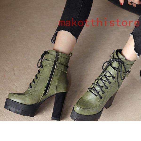 11.5cm レディース ショートブーツ 厚底 太ヒール サンダル レースアップ 編み上げ 黒 ブラック コスプレブーツ 錦ライブ ゴスロリ パンク ロックファッション
