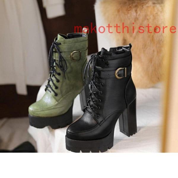 11.5cm レディース ショートブーツ 厚底 太ヒール サンダル レースアップ 編み上げ 黒 ブラック コスプレブーツ 錦ライブ ゴスロリ パンク ロックファッション