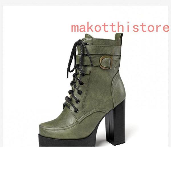 11.5cm レディース ショートブーツ 厚底 太ヒール サンダル レースアップ 編み上げ 黒 ブラック コスプレブーツ 錦ライブ ゴスロリ パンク ロックファッション