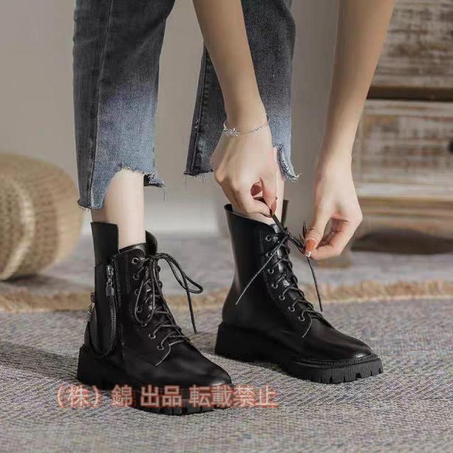 レースアップブーツブーツショートブーツレディース編み上げブーツ編み上げ錦ミドルブーツショートレースアップ幅広甲高ローヒールワイズ3E靴黒