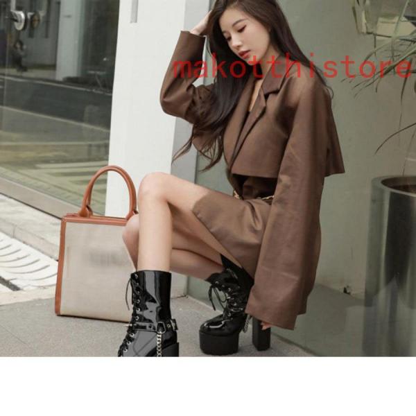 ショートブーツ ジャンヌ ダルク風 太ヒール 編み上げブーツ レースアップ 錦 袴ブーツ パンク靴 大きいサイズ 24.0cm サイドジップ 歩きやすい チェーン付き