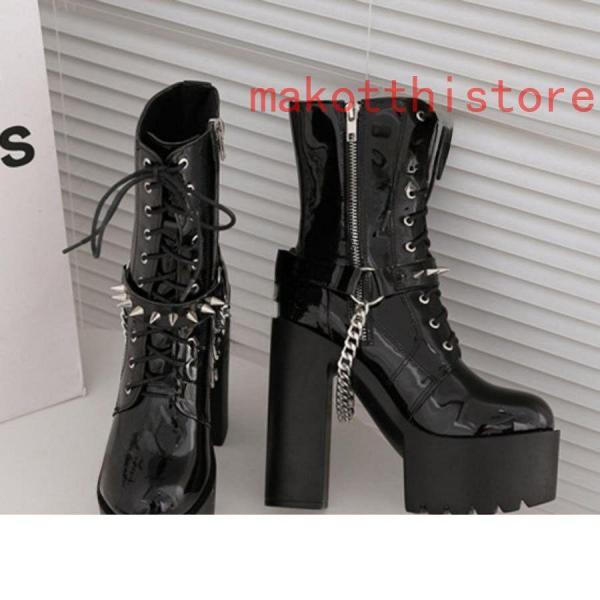 ショートブーツ ジャンヌ ダルク風 太ヒール 編み上げブーツ レースアップ 錦 袴ブーツ パンク靴 大きいサイズ 24.0cm サイドジップ 歩きやすい チェーン付き