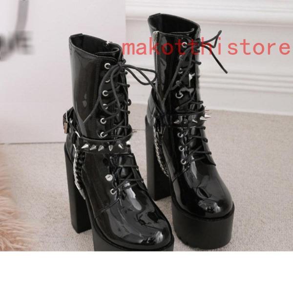 ショートブーツ ジャンヌ ダルク風 太ヒール 編み上げブーツ レースアップ 錦 袴ブーツ パンク靴 大きいサイズ 24.0cm サイドジップ 歩きやすい チェーン付き