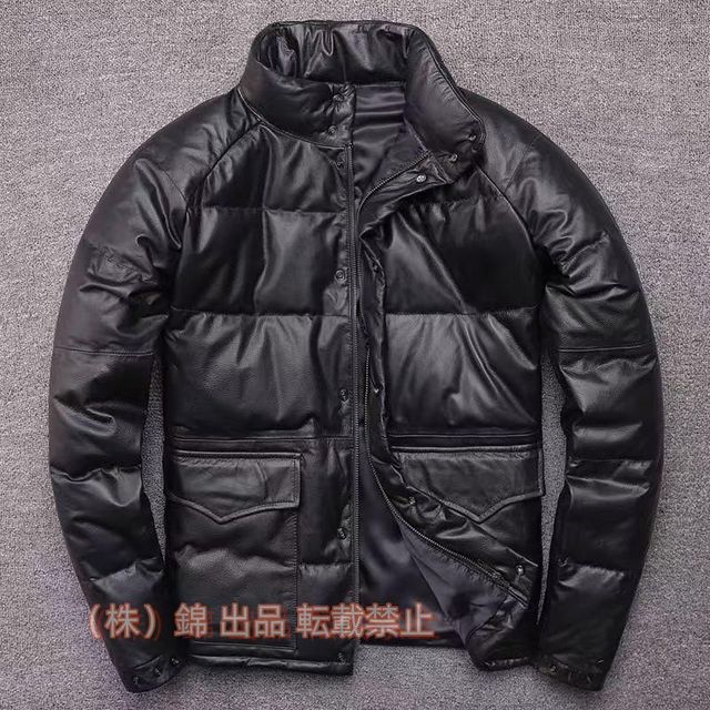 秋冬新作★ 本革★ダックダウンジャケット/防風防寒性/ 株式会社錦 冬新品高級牛革レザーコートライダース黒
