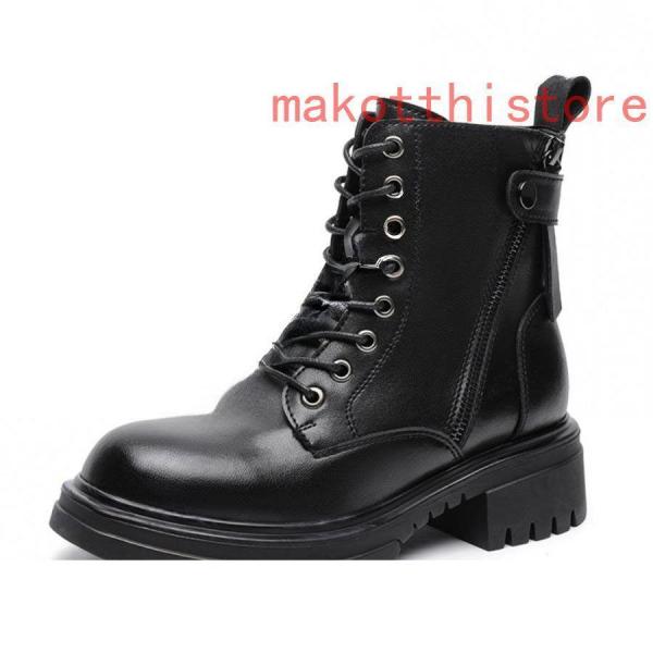 4.5cm 厚底 ショートブーツ 太ヒール 編み上げブーツ サイドジップ ハイヒール ブーティ レースアップ プラットフォーム 株式会社錦歩きやすい 軽い 防滑 黒