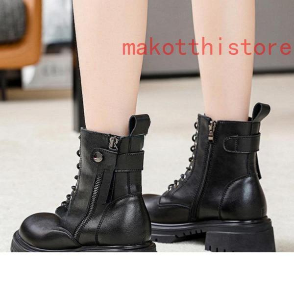 4.5cm 厚底 ショートブーツ 太ヒール 編み上げブーツ サイドジップ ハイヒール ブーティ レースアップ プラットフォーム 株式会社錦歩きやすい 軽い 防滑 黒