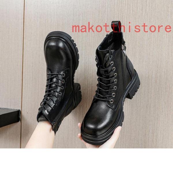 4.5cm 厚底 ショートブーツ 太ヒール 編み上げブーツ サイドジップ ハイヒール ブーティ レースアップ プラットフォーム 株式会社錦歩きやすい 軽い 防滑 黒