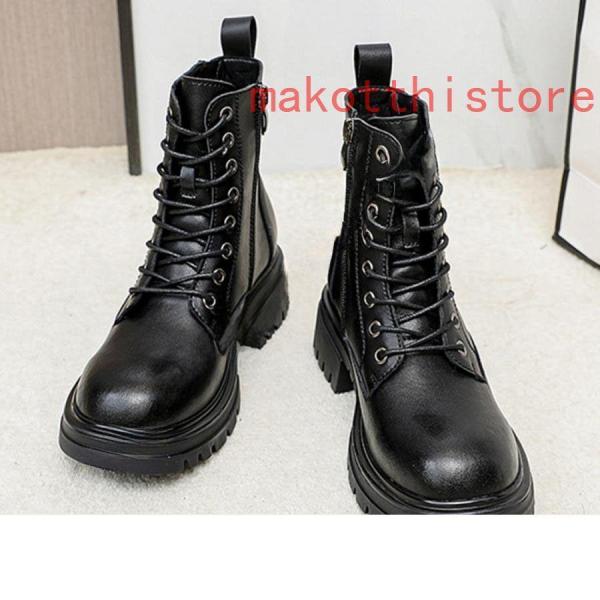 4.5cm 厚底 ショートブーツ 太ヒール 編み上げブーツ サイドジップ ハイヒール ブーティ レースアップ プラットフォーム 株式会社錦歩きやすい 軽い 防滑 黒